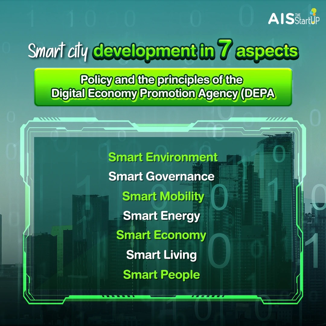 Smart city development in 7 aspects development of the Smart City is divided into 7 domains which are: Smart Environment, Smart Governance, Smart Mobility, Smart Energy, Smart Economy, Smart Living and Smart People.